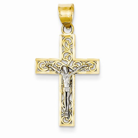 14k Gold Two-tone D/C Small Block Filigree Cross w/Crucifix Pendant, Pendants for Necklace