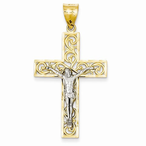 14k Gold Two-tone D/C Large Block Filigree Cross w/Crucifix Pendant, Pendants for Necklace