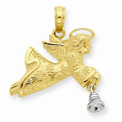 14k Gold Two-tone Flying Angel w/Moveable Bell Pendant, Pendants for Necklace