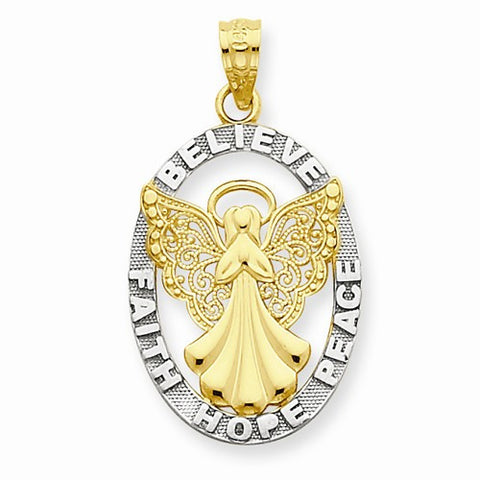14k Gold w/Rhodium Believe/Peace/Faith/Hope Angel Pendant, Pendants for Necklace