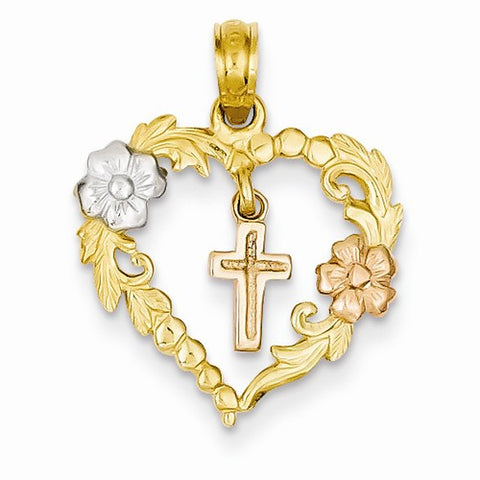 14k Gold Two-tone and Rhodium Heart w/Dangling Cross Pendant, Pendants for Necklace