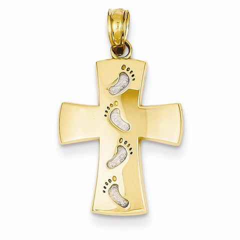 14k Gold w/Rhodium Footprints Cross Pendant, Pendants for Necklace