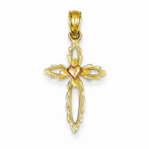 14k Gold Two-tone Cut-out Cross w/Pink Heart Pendant, Pendants for Necklace