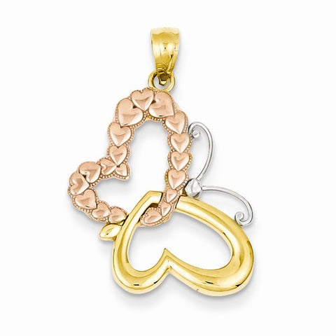 14k Two-tone Gold & Rhodium Butterfly & Hearts Pendant, Pendants for Necklace