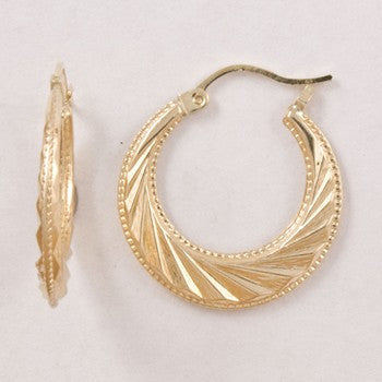 14k Yellow Gold Hi Polished Beaded Edge Fan Style Hoop Earring, Jewelry Earrings
