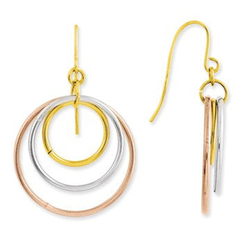 14k Tri-Color Polished 3 Circle Dangle Earrings