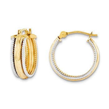 14k Yellow & Rhodium Ribbed Hoop, Jewelry Earrings