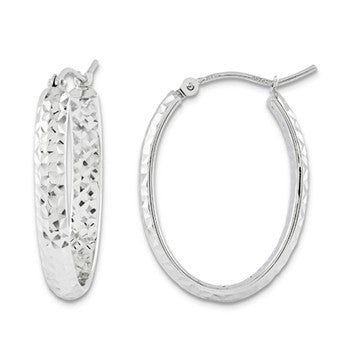 14k White Polished & Dia Cut Oval Hoop, Jewelry Earrings
