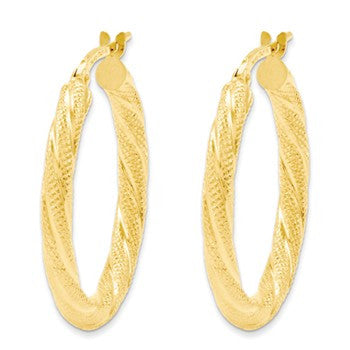 14k Yellow Polished & Patterned Twist Hoop, Jewelry Earrings