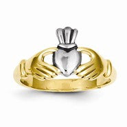 14k Yellow Gold Polished & Rhodium Claddagh Ring