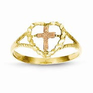 14k Two-tone Satin & Diamond-Cut Cross in Heart Ring