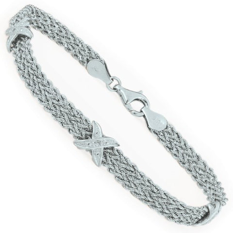 10K White Gold Rope Bracelet with X Diamond Accent Bracelet