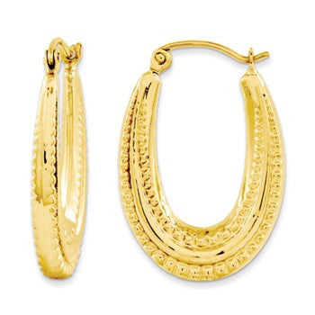 14k Yellow Gold Oval Textured Polished Hoop Earring, Jewelry Earrings
