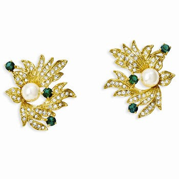 Gold-plated Simulated Pearl & Crystal Floral Earrings
