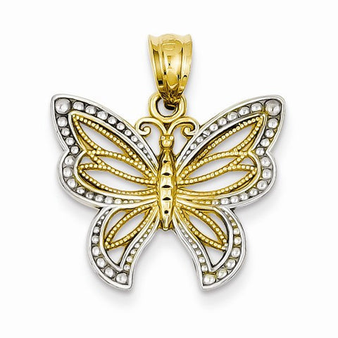 14k Gold & Rhodium Polished Filigree Butterfly Pendant, Pendants for Necklace