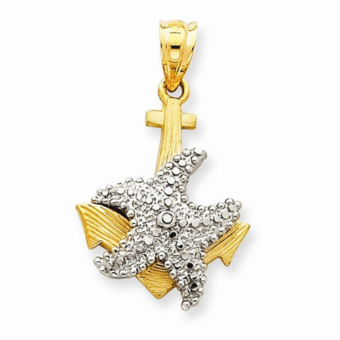 14k Gold Two-Tone Solid Polished Diamond-cut Anchor with Starfish Pendant, Pendants for Necklace