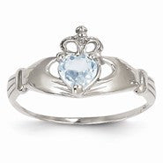 14k White Gold CZ March Birthstone Claddagh Heart Ring