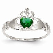 14k White Gold CZ May Birthstone Claddagh Heart Ring