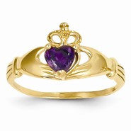 14k Yellow Gold CZ February Birthstone Claddagh Heart Ring