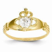 14k Yellow Gold CZ April Birthstone Claddagh Heart Ring