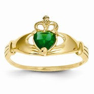 14k Yellow Gold CZ May Birthstone Claddagh Heart Ring