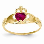 14k Yellow Gold CZ July Birthstone Claddagh Heart Ring