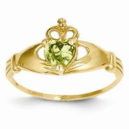 14k Yellow Gold CZ August Birthstone Claddagh Heart Ring