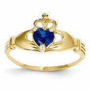 14k Yellow Gold CZ September Birthstone Claddagh Heart Ring