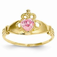14k Yellow Gold CZ October Birthstone Claddagh Heart Ring