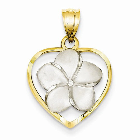 14k Gold Two-tone Diamond-cut Satin Heart with Flower Pendant, Pendants for Necklace