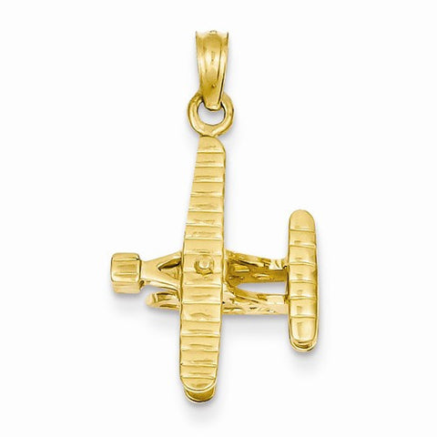 14k Gold 3-D Bi-Plane with Ribbed Wings Pendant, Pendants for Necklace