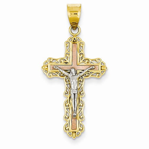 14k Gold Tri-color Diamond-cut Crucifix pendant, Delightful Pendants for Necklace