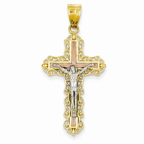 14k Gold Tri-color Diamond-cut Crucifix pendant, Exquisite Pendants for Necklace
