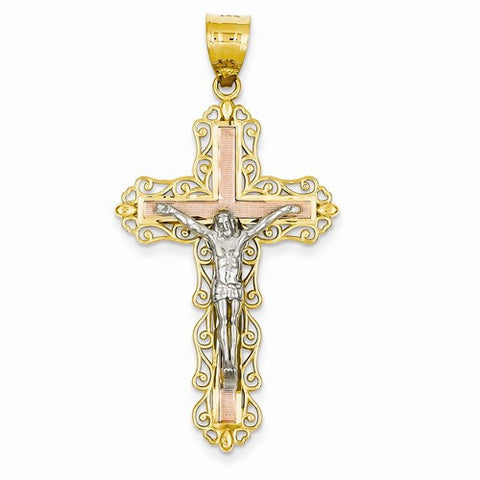 14k Gold Tri-color Diamond-cut Crucifix pendant, Fine Pendants for Necklace