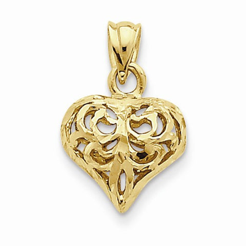 14k Gold Diamond-cut Open Filigree Fleure-lis Heart Pendant, Pendants for Necklace