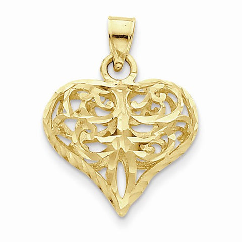 14k Gold Diamond-cut Open Filigree Fleure-lis Heart Pendant, Pendants for Necklace