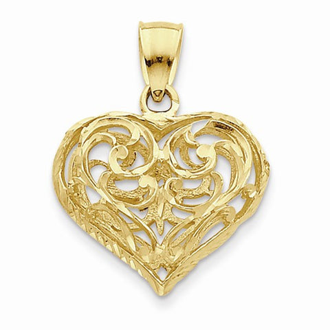14k Gold 3-D Diamond-cut Open Filigree Heart Pendant, Pendants for Necklace