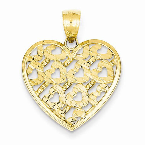 14k Gold Diamond-cut Hearts Pattern on Heart Pendant, Pendants for Necklace