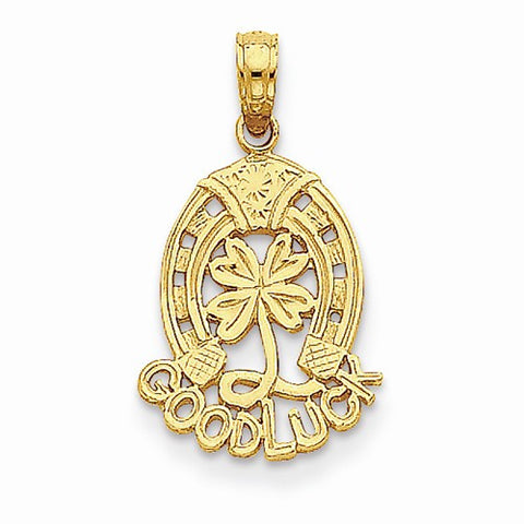 14k Gold Good Luck w/Horseshoe and Clover Pendant, Pendants for Necklace