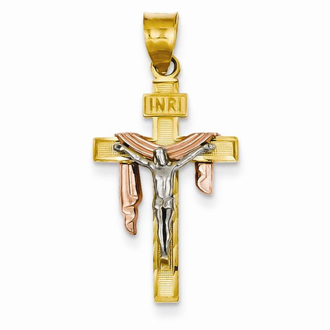 14k Gold Tri-color Diamond-cut Small Draped INRI Crucifix Pendant, Pendants for Necklace