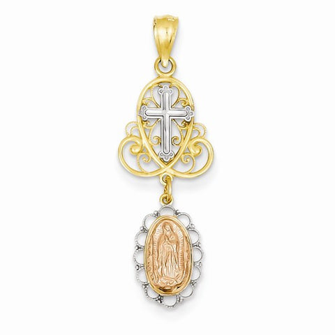14k Gold w/Rhodium Two-tone Our Lady of Guadalupe Cross Pendant, Pendants for Necklace