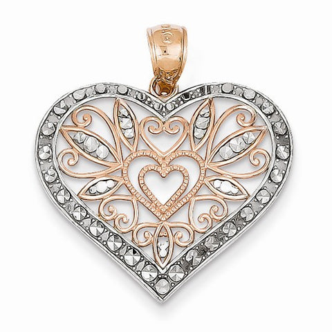 14k Rose Gold Rhodium Plated Diamond Cut Fancy Heart Pendant, Pendants for Necklace