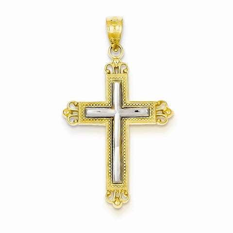 14k Gold Rhodium Diamond Cut Cross pendant, Charm