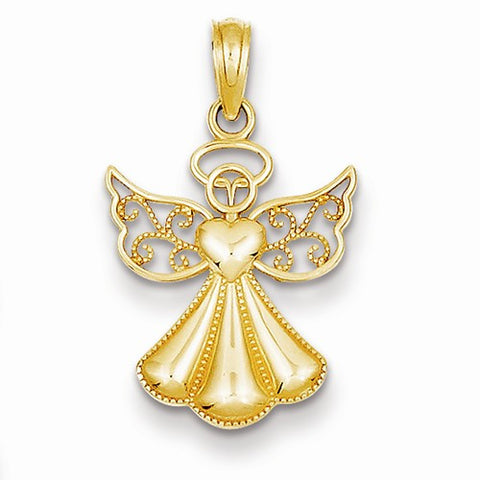 14k Gold Polished & Textured Guardian Angel w/Heart Pendant, Pendants for Necklace