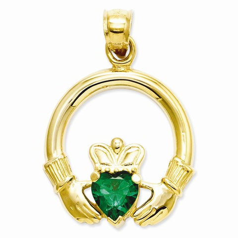 14k Gold Claddagh with Synthetic Green Stone Pendant, Pendants for Necklace