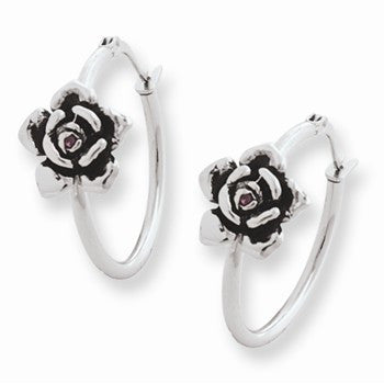 Stainle Steel Rose w/CZ Hoop Earrings