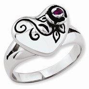 Stainless Steel Heart & Small Rose with Red CZ Ring