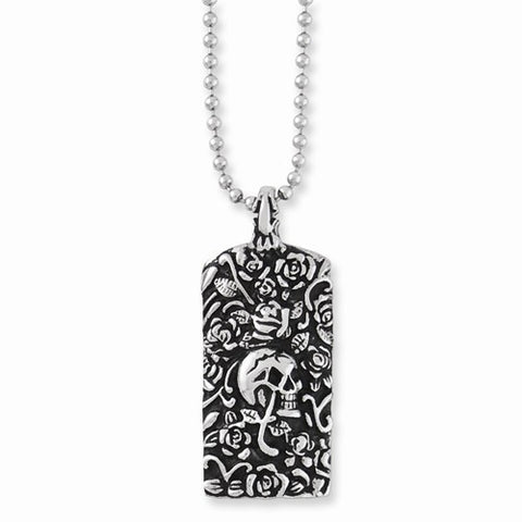 Stainless Steel Skull Roses Pendant On Necklace