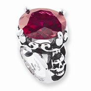 Stainless Steel Round Red CZ and Skull Ring