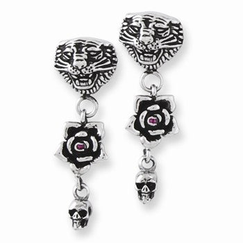 Stainle Steel Tiger, Rose w/CZ Mini Skull Dangle Earrings